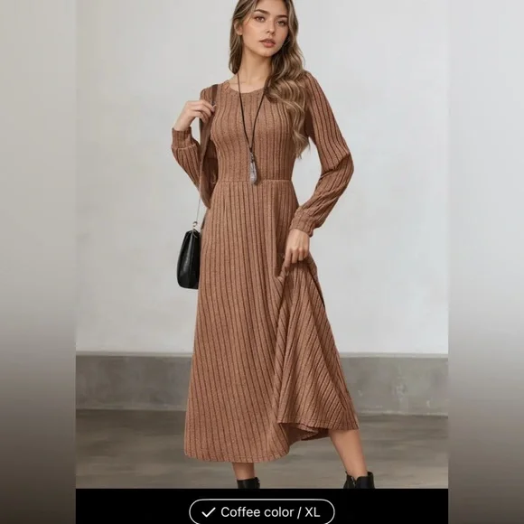 Elegant Brown Ribbed Knit Dress - Picture 2 of 7